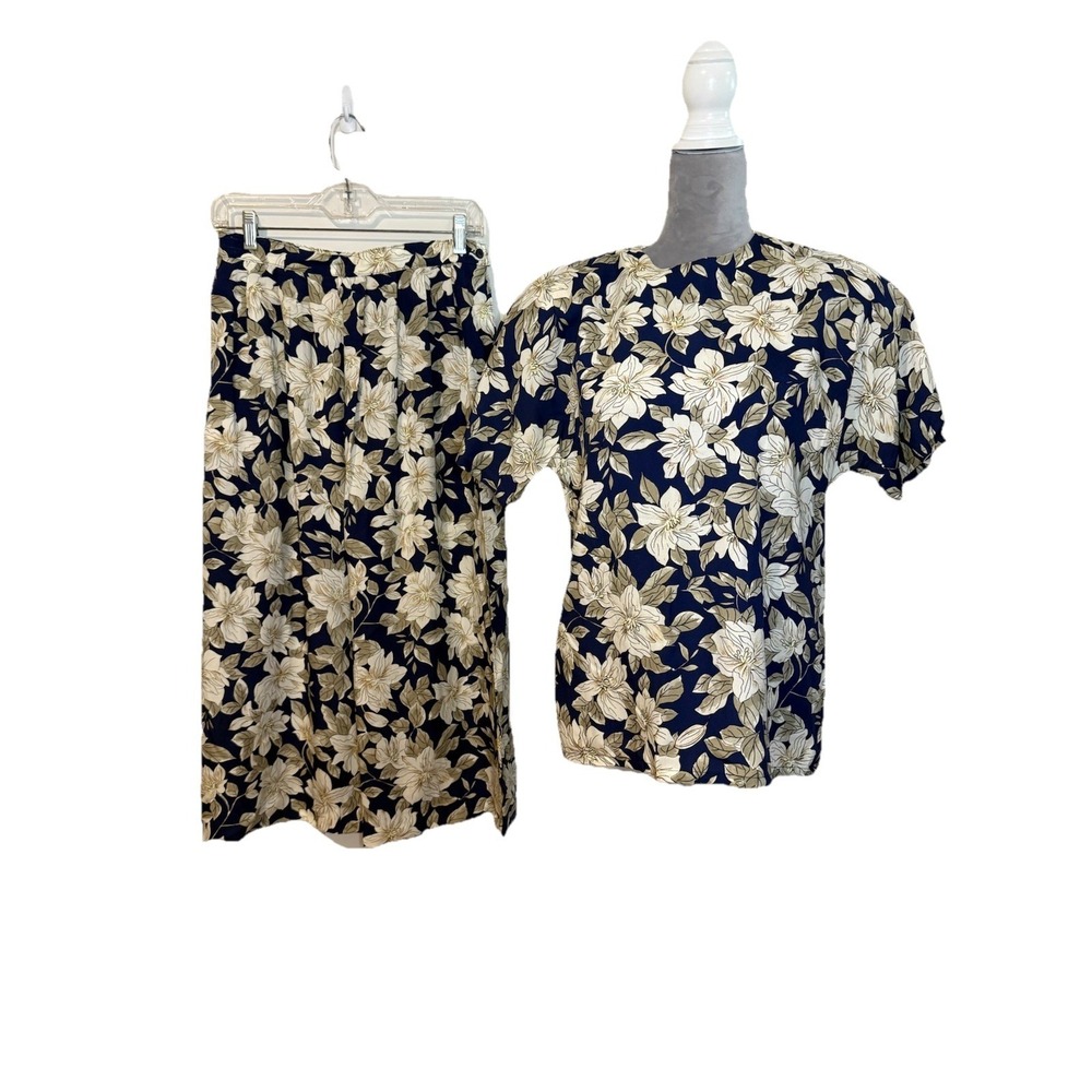VTG 90s Pendleton Country Sophisticates Sz 10 Navy Blue Cottage Floral Skirt Set